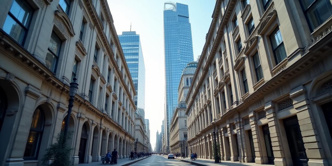 Stately legal architecture and modern glass structures in London's financial district
