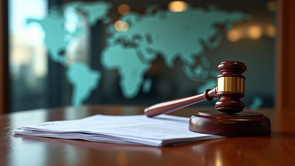 Close-up of a legal gavel resting on international trade documents and a world map